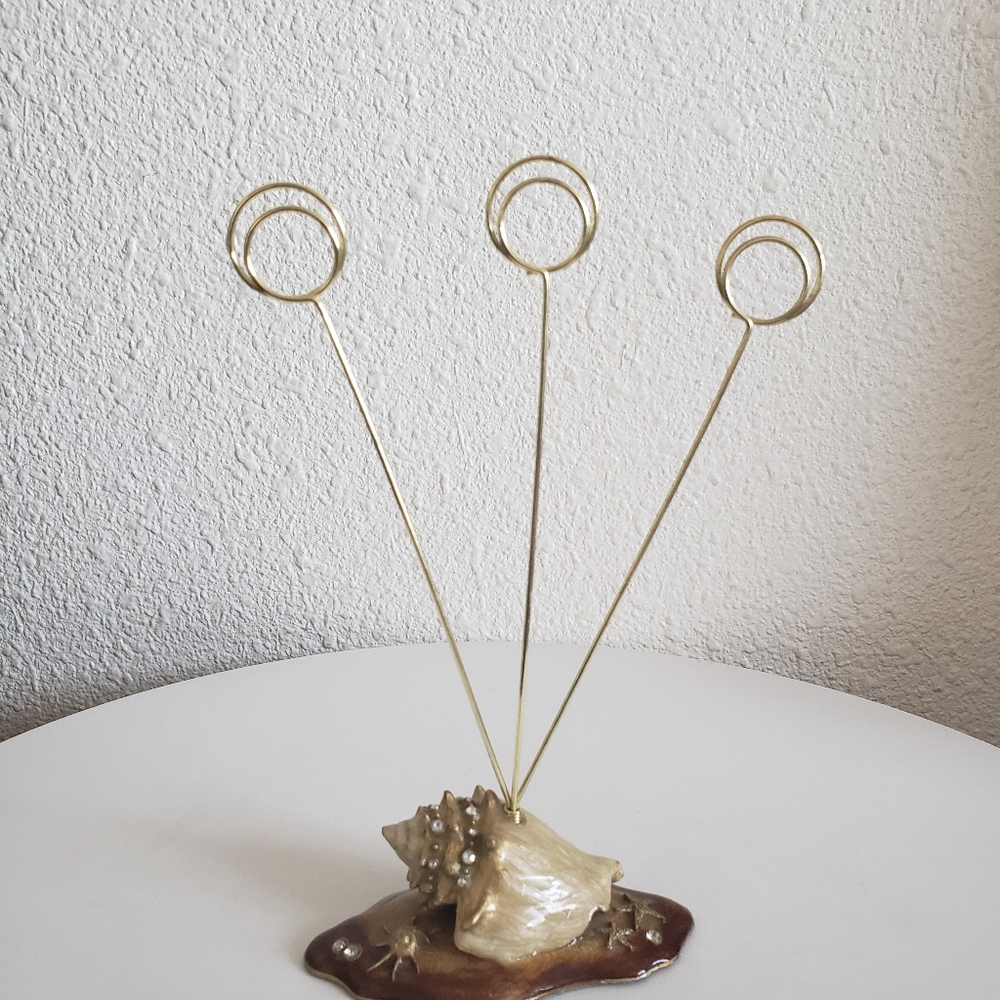 #Seashell Enamel Rhinestone Photo Card Holder Gold Tone Wire Ring